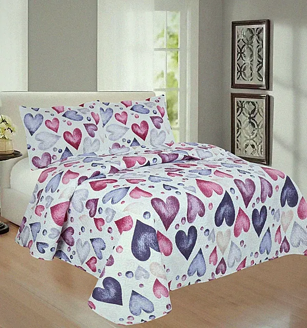 3-Piece Queen Size Printed Heart - Stone Washed Lightweight Bedspread