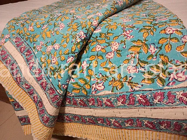 Bedding Handmade Floral Print King Size Bedspread Cotton Kantha Quilt Throw