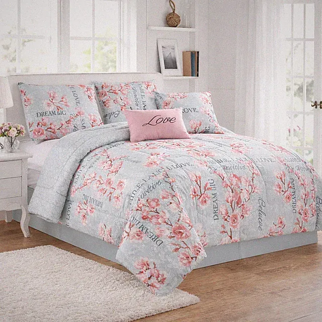 Blue Pink Floral LOVE Queen Quilt Set 5pc Reversible Bedding Shams
