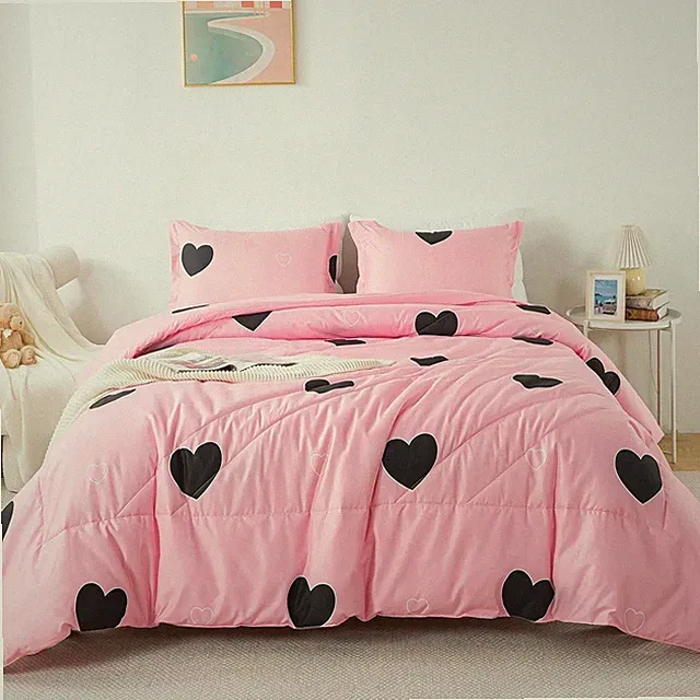 Blush Pink Love Comforter Set Queen Size, Cute Heart Pattern Bedding Comforte...