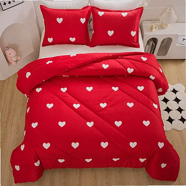 Caressma Love Queen Comforter Set - Romantic White Heart Print Red Bedding Co...