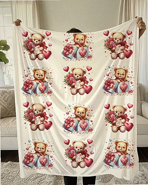 Cute Love Bears Printed Valentine Blanket Playful Romantic Theme