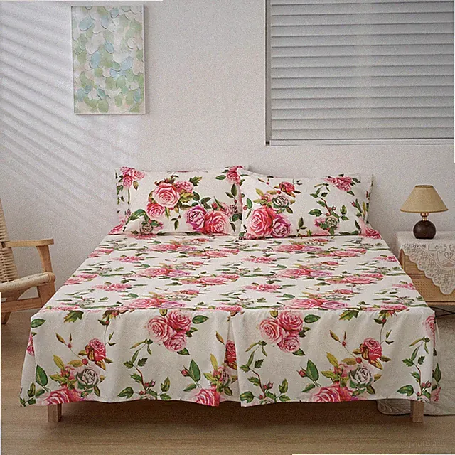 DaDa Bedding Romantic Roses Floral Bed Skirt - Matching Pink & White Ruffled Dus