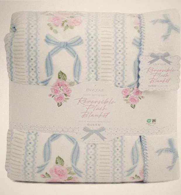 Envogue Delphine Coquette Blue Bow Stripe Rose Reverse QUEEN Blanket NEW-Viral