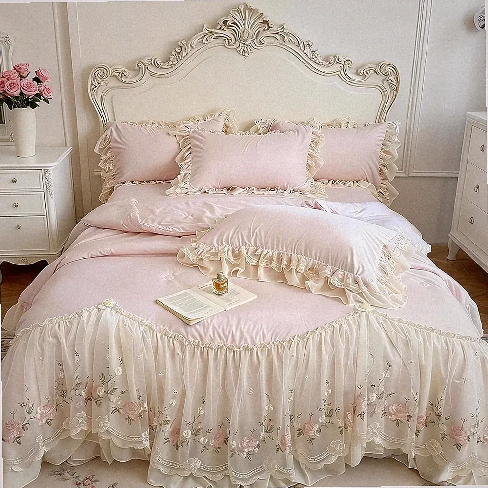 French Chic Bedding Set 4-Piece - Romantic Lace Trim Washed Cotton, Duvet Cover