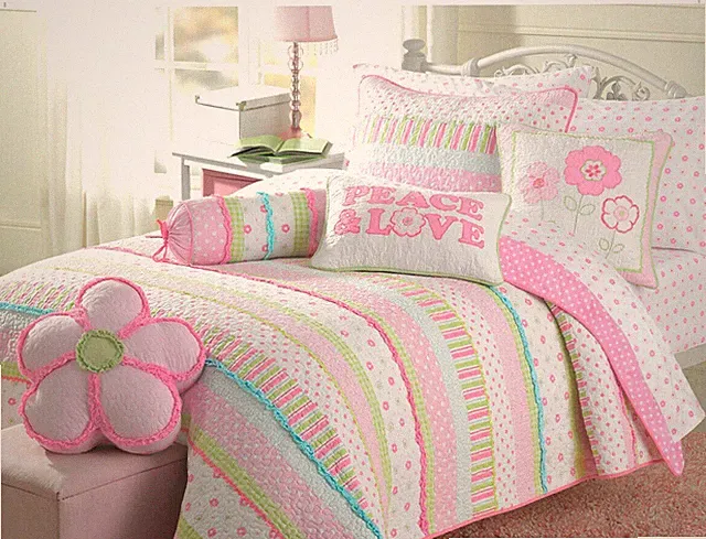 Greta Pastel Floral 100%Cotton Reversible Quilt Set, Bedspread, Coverlet