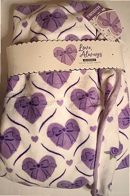 LOVE ALWAYS Reversible PURPLE HEARTS 💜 VELVET PLUSH THROW BLANKET - 50X70” NWT