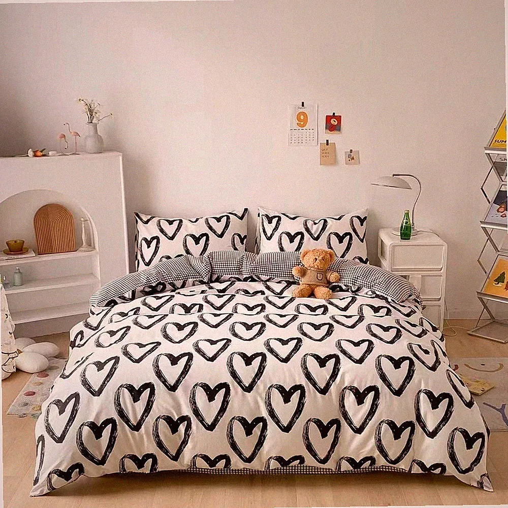 Love Duvet Cover Twin Heart Shaped Bedding Sets White and Black Duvet Cover f...