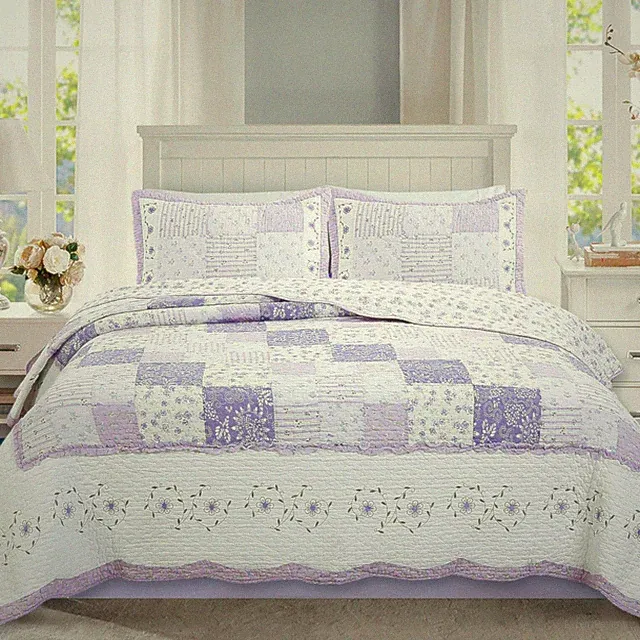 Love of Lilac Real Patchwork 100%Cotton Quilt Set, Bedspread, Coverlet