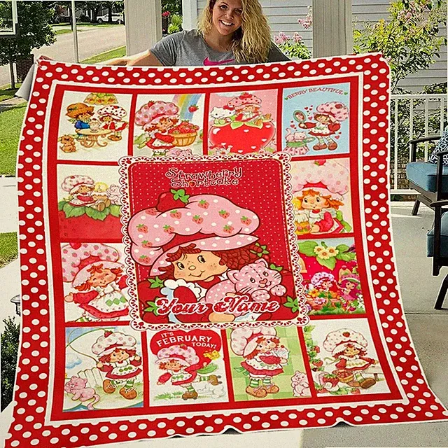 Personalized Strawberry Girl Flannel Blanket Custom Name Cozy Gift