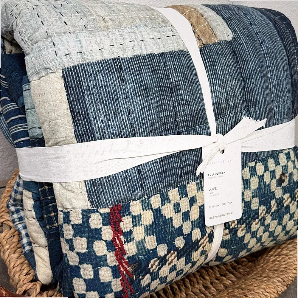 POTTERY BARN LOVE HANDCRAFTED REVERSIBLE QUILT FULL/QUEEN BLUE SOFT BEDDING