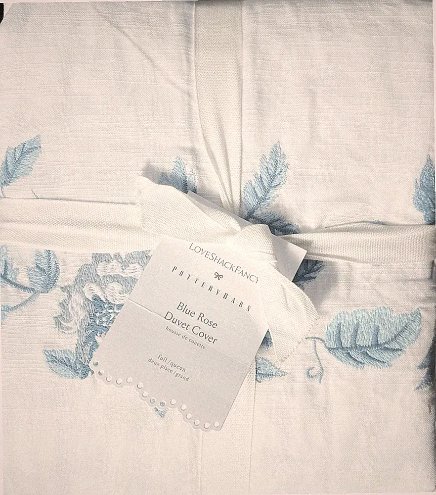 Pottery Barn Love Shack Fancy Embroidered Blue Rose Duvet Cover QUEEN / FULL!