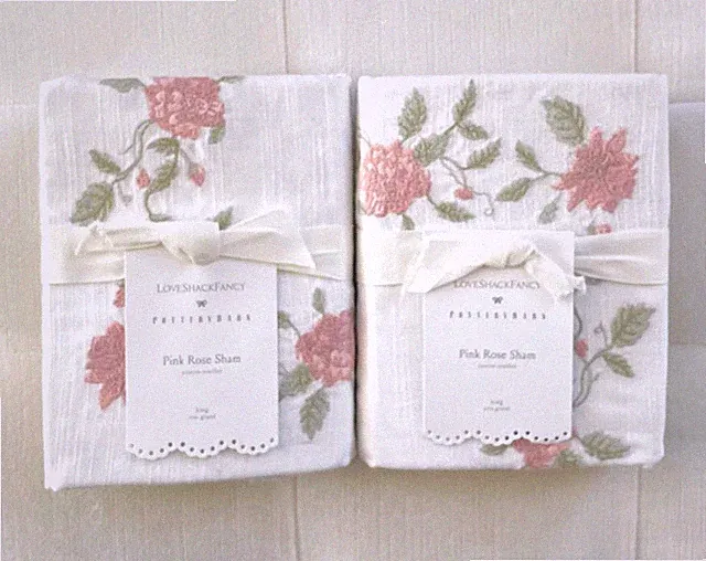 Pottery Barn LOVE SHACK FANCY Pink Embroidered Rose King Shams ~Set of Two~ NWT