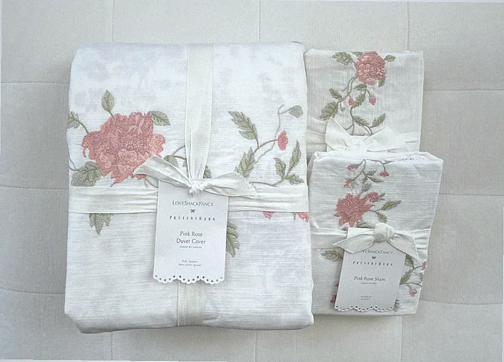 Pottery Barn LOVE SHACK FANCY Pink Embroidered Rose Queen Duvet & 2 Std Sham NWT