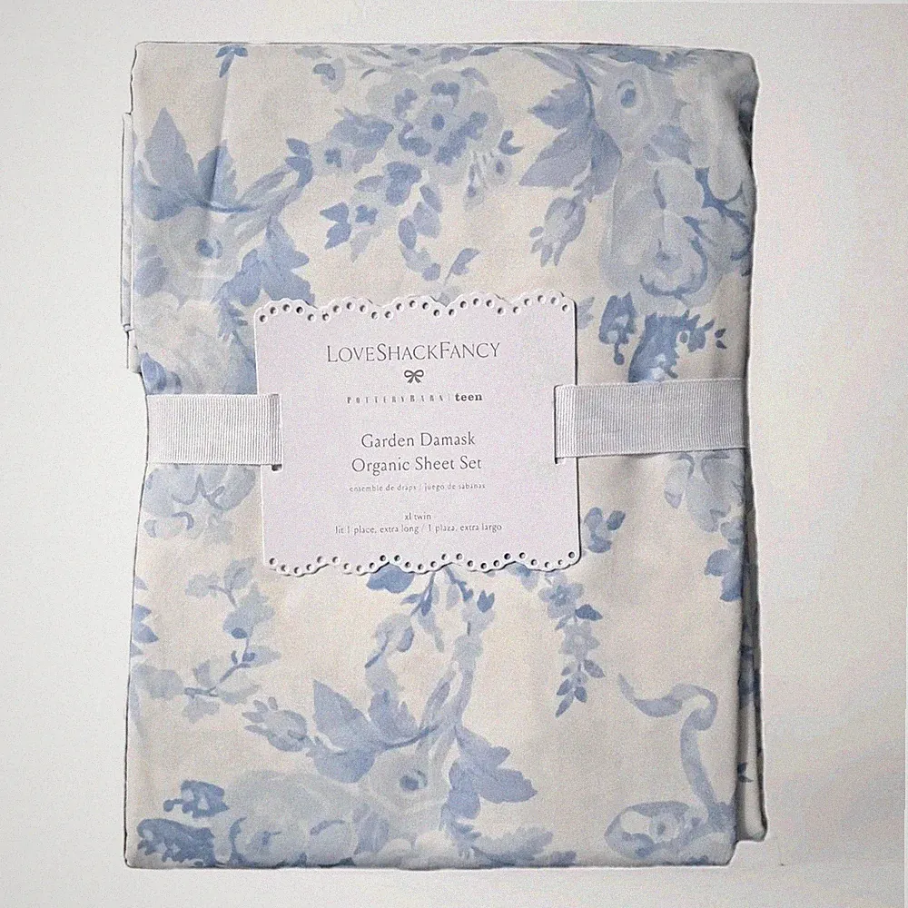 Pottery Barn Teen Love Shack Fancy Organic Garden Damask Sheet Set Twin XL Blue
