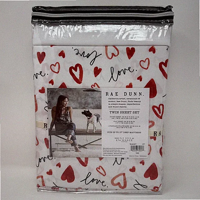 Rae Dunn Love Hearts 3 Pc. Twin Sheet Set Valentines Embroidered Pillowcase NWT