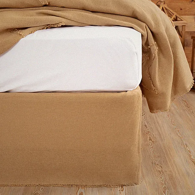 Rustic Burlap Bed Skirt Fringed Edge Flat Panel Natural Tan Cotton Split Corners