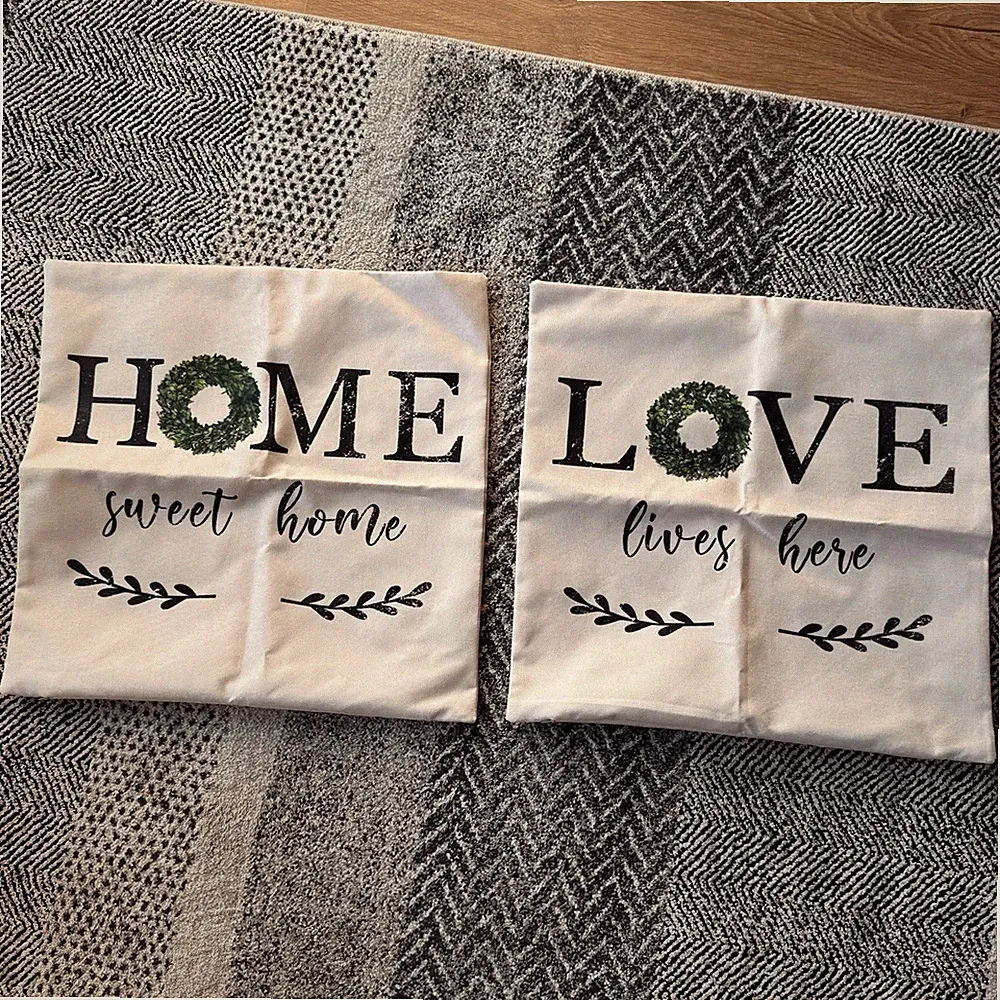 Set of 2 Beige Square Pillow Shams Home Sweet Home & Love Lives Here Text Design