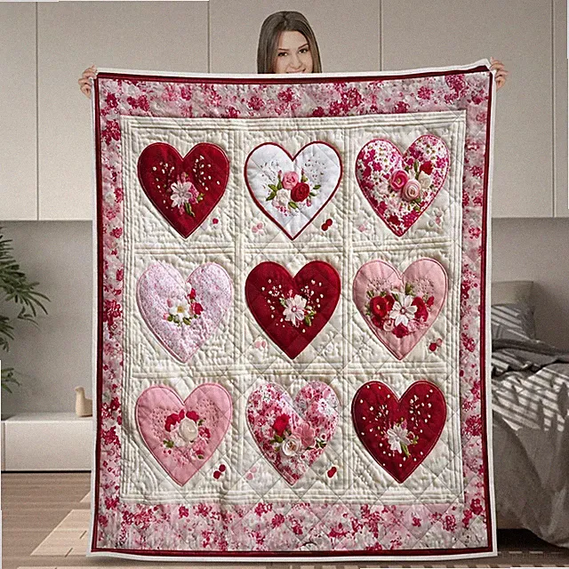 Valentine Heart Floral Quilt Blanket Romantic Love Gift Anniversary Couple Her