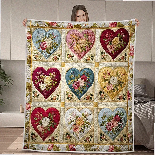 Valentine Heart Quilt Blanket, Romantic Floral Quilt, Love Gift for Couples Her