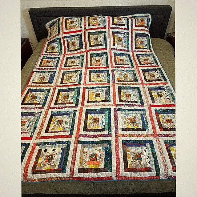 Vintage Handmade Log Cabin Patchwork Quilt Heart Quilted Multicolor 63x88